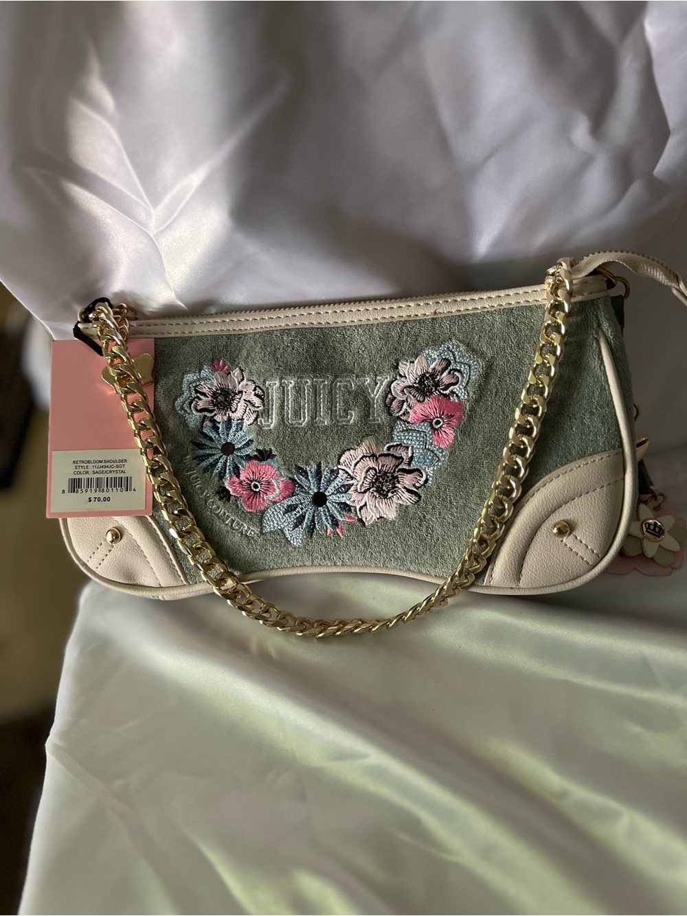 Juicy Couture Pink & Gray Floral Embroidered Shoulder Bag NWT